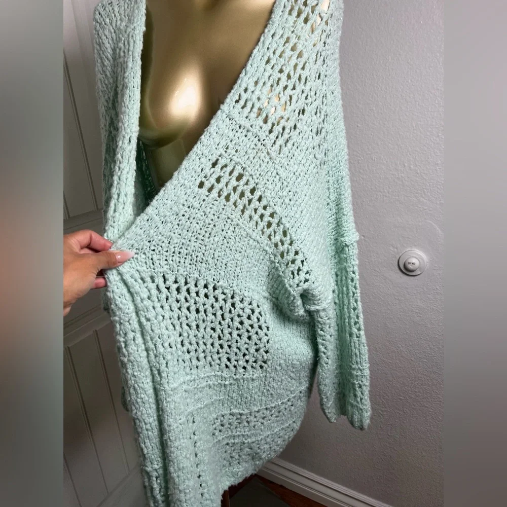 Free People Saturday Morning Oversized Mint Green Open-Knit Cardigan - Picture 3 of 7